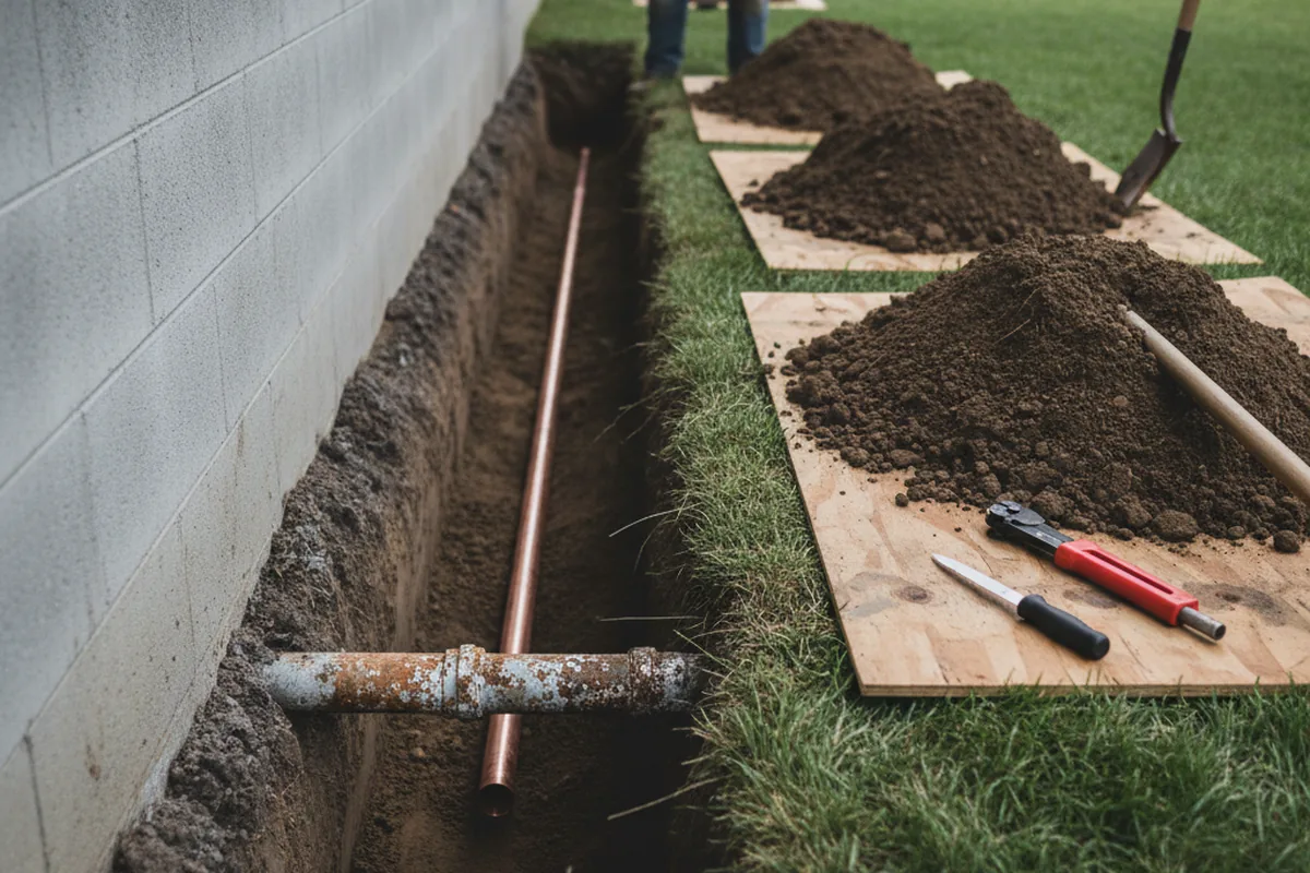 Excavated water line trench during Water Heater Repair in Kerrick